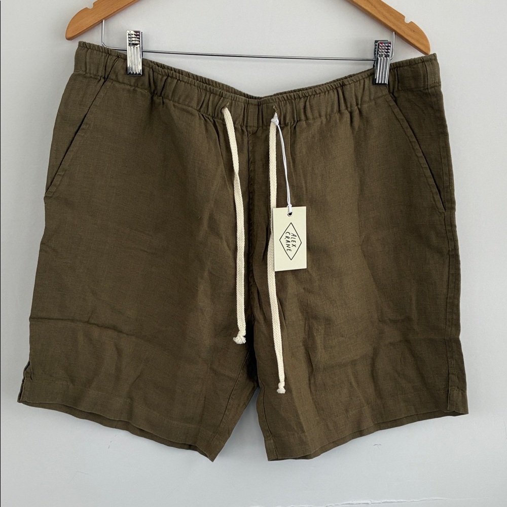 Alex Crane Bo Shorts Olive Green 100% Linen Flat Front Shorts with Drawstring XL